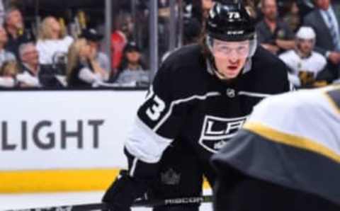 LOS ANGELES, CA – APRIL 17: Tyler Toffoli #73 of the Los Angeles Kings lines up for a face-off in Game Four of the Western Conference First Round against the Vegas Golden Knights during the 2018 NHL Stanley Cup Playoffs at Staples Center on April 17, 2018 in Los Angeles, California. (Photo by Juan Ocampo/NHLI via Getty Images) *** Local Caption ***