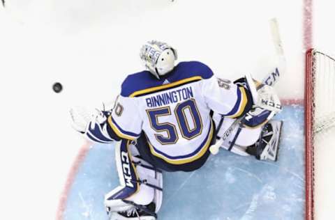 NEWARK, NEW JERSEY – MARCH 06: Jordan Binnington #50 of the St. Louis Blues skates against the New Jersey Devils at the Prudential Center on March 06, 2020 in Newark, New Jersey. The Devils defeated the Blues 4-2. (Photo by Bruce Bennett/Getty Images)