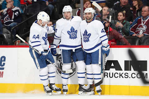 DENVER, CO – FEBRUARY 12: Auston Matthews #34 of the Toronto Maple Leafs celebrates with teammates Nazem Kadri #43 and Morgan Rielly #44 after scoring a goal against the Colorado Avalanche at the Pepsi Center on February 12, 2019 in Denver, Colorado. (Photo by Michael Martin/NHLI via Getty Images)