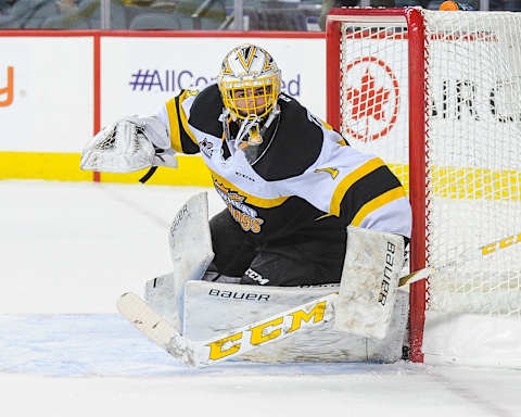 CALGARY, AB – OCTOBER 8: Logan Thompson #1 of the Brandon Wheat Kings in action against the Calgary Hitmen during a WHL game at the Scotiabank Saddledome on October 8, 2017 in Calgary, Alberta, Canada. (Photo by Derek Leung/Getty Images)