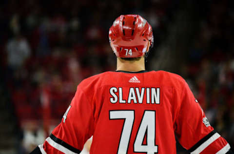 RALEIGH, NC – NOVEMBER 11: Carolina Hurricanes Defenceman Jaccob Slavin (74) takes the ice prior to the National Anthem during a game between the Carolina Hurricanes and the Chicago Blackhawks at the PNC Arena on Raleigh, NC on November 11, 2017. Chicago defeated Carolina 4-3 in overtime. (Photo by Greg Thompson/Icon Sportswire via Getty Images)