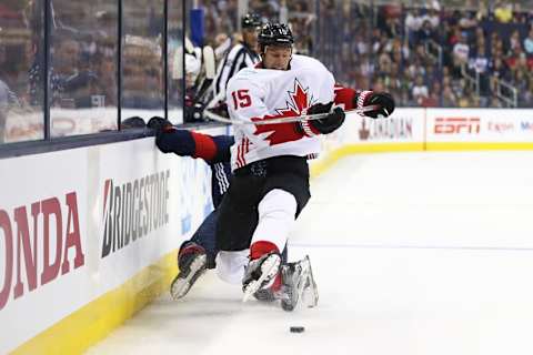 Sep 9, 2016; Columbus, OH, USA; Team Canada forward Ryan Getzlaf (15) plays the puck in the third period against Team USA during a World Cup of Hockey pre-tournament game at Nationwide Arena. Mandatory Credit: Aaron Doster-USA TODAY Sports