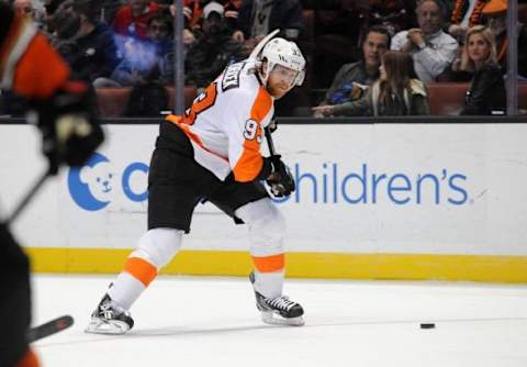 December 27, 2015; Anaheim, CA, USA; Philadelphia Flyers right wing Jakub Voracek (93) moves in for a shot on goal against Anaheim Ducks during the third period at Honda Center. Mandatory Credit: Gary A. Vasquez-USA TODAY Sports