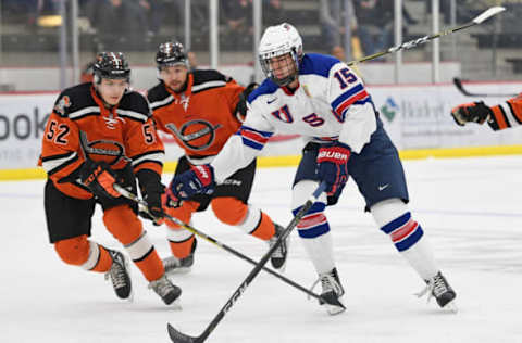 CRANBERRY TOWNSHIP, PA – SEPTEMBER 30: Bode Wilde #15 of Team USA skates with the puck against the Omaha Lancers in the third period during the game on Day 3 of the USHL Fall Classic. (Photo by Justin Berl/Getty Images)