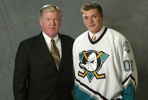 OTTAWA, ONT – JULY 30: General manager Brian Burke and second overall draft pick Bobby Ryan of the Mighty Ducks of Anaheim poses for a portrait during the 2005 National Hockey League Draft on July 30, 2005, at the Westin Hotel in Ottawa, Canada. (Photo by Dave Sandford/Getty Images NHL)