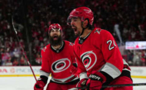 May 18, 2023; Raleigh, North Carolina, USA; Carolina Hurricanes center Seth Jarvis (24) reacts after scoring against the Florida Panthers during the first period of game one in the Eastern Conference Finals of the 2023 Stanley Cup Playoffs at PNC Arena. Mandatory Credit: James Guillory-USA TODAY Sports