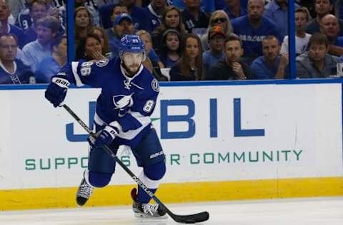 May 20, 2016; Tampa, FL, USA; Tampa Bay Lightning right wing Nikita Kucherov (86) skates with the puck against the Pittsburgh Penguins during the first period of game four of the Eastern Conference Final of the 2016 Stanley Cup Playoffs at Amalie Arena. Mandatory Credit: Kim Klement-USA TODAY Sports