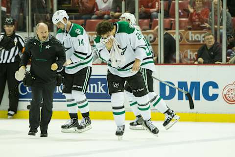 DETROIT, MI – NOVEMBER 29: Dallas Stars defenseman Stephen Johns (28) skates off of the ice with an injury to his face during the third period of a regular season NHL hockey game between the Dallas Stars and the Detroit Red Wings on November 29, 2016, at Joe Louis Arena in Detroit, Michigan. Detroit defeated Dallas 3-1. (Photo by Scott W. Grau/Icon Sportswire via Getty Images)