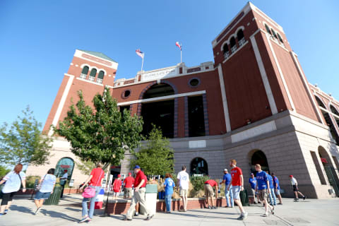 ARLINGTON, TEXAS – OCTOBER 11: A general view of the exterior of Globe Life Park prior to Game 3 of the ALDS between the Toronto Blue Jays and the Texas Rangers on Sunday, October 11, 2015 in Arlington, Texas. (Photo by Sarah Crabill/MLB Photos via Getty Images)