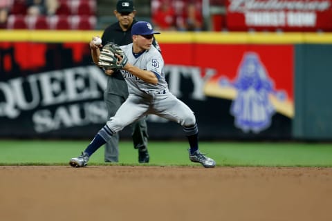 CINCINNATI, OH – SEPTEMBER 7: Luis Urrias #9 of the San Diego Padres throws the ball to first base during the game against the Cincinnati Reds at Great American Ball Park on September 7, 2018 in Cincinnati, Ohio. (Photo by Kirk Irwin/Getty Images)