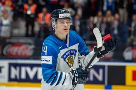 BRATISLAVA, SLOVAKIA – MAY 25: #24 Kaapo Kakko of Finland salutes to the crowd during the 2019 IIHF Ice Hockey World Championship Slovakia semi final game between Russia and Finland at Ondrej Nepela Arena on May 25, 2019 in Bratislava, Slovakia. (Photo by RvS.Media/Monika Majer/Getty Images)