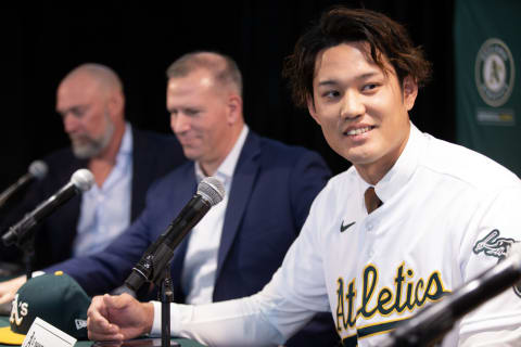 Shintaro Fujinami at his signing. D. Ross Cameron-USA TODAY Sports