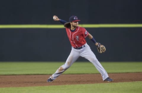 PORTLAND, ME – JULY 13: New Hampshire Fisher Cats shortstop Bo Bichette (5) throws to first for an out during the game against the Sea Dogs at Hadlock Field. (Staff photo by Brianna Soukup/Portland Press Herald via Getty Images)