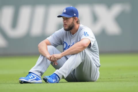 ATLANTA, GA JULY 27: Dodgers starting pitcher Clayton Kershaw (22) focuses prior to the start of the game between Atlanta and Los Angeles on July 27th, 2018 at SunTrust Park in Atlanta, GA. (Photo by Rich von Biberstein/Icon Sportswire via Getty Images)