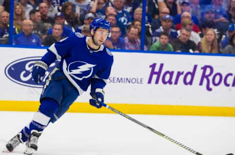 TAMPA, FL – NOVEMBER 1: Tyler Johnson #9 of the Tampa Bay Lightning skates against the Nashville Predators during the first period at Amalie Arena on November 1, 2018 in Tampa, Florida. (Photo by Scott Audette/NHLI via Getty Images)”n