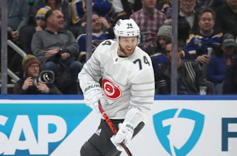 ST LOUIS, MISSOURI – JANUARY 25: Jaccob Slavin #74 of the Carolina Hurricanes skates in the game between Metropolitan Division and Atlantic Division during the 2020 Honda NHL All-Star Game at Enterprise Center on January 25, 2020 in St Louis, Missouri. (Photo by Bruce Bennett/Getty Images)