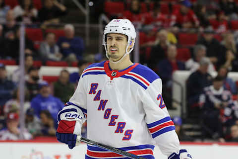 RALEIGH, NC – MARCH 31: New York Rangers Left Wing Chris Kreider (20) during the 1st period of the Carolina Hurricanes game versus the New York Rangers on March 31, 2018, at PNC Arena (Photo by Jaylynn Nash/Icon Sportswire via Getty Images)