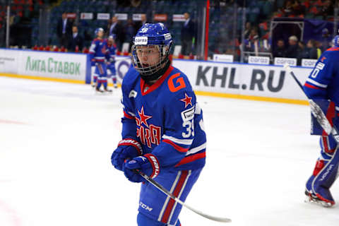 SAINT PETERSBURG, RUSSIA – 2022/09/28: SKA Hockey Club player, Matvei Michkov (No.39) seen in action during the Kontinental Hockey League, regular season KHL 2022 – 2023 between SKA Saint Petersburg and Admiral Vladivostok at the Ice Sports Palace.(Final score; SKA Saint Petersburg 6:1 Admiral Vladivostok). (Photo by Maksim Konstantinov/SOPA Images/LightRocket via Getty Images)