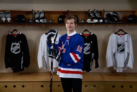 DALLAS, TX – JUNE 22: Vitali Kravtsov poses for a portrait after being selected ninth overall by the New York Rangers during the first round of the 2018 NHL Draft at American Airlines Center on June 22, 2018 in Dallas, Texas. (Photo by Jeff Vinnick/NHLI via Getty Images)