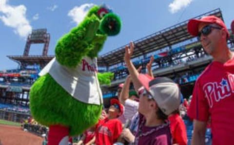 Jul 22, 2015; Philadelphia, PA, USA; The Phillie Phanatic greets fans during a game against the Tampa Bay Rays at Citizens Bank Park. The Phillies won 5-4 in the tenth inning. Mandatory Credit: Bill Streicher-USA TODAY Sports