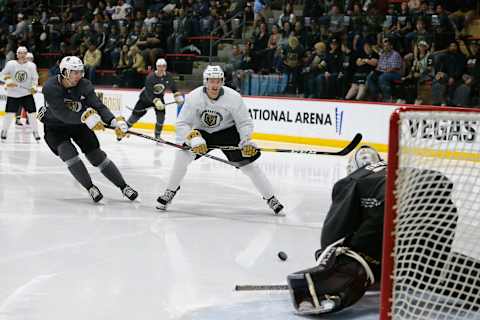 Isaiah Saville (31) guards the goal during a scrimmage game at the Vegas Golden Knights Development Camp Saturday, June 29, 2019, at City National Arena in Las Vegas, NV. (Photo by Marc Sanchez/Icon Sportswire via Getty Images)