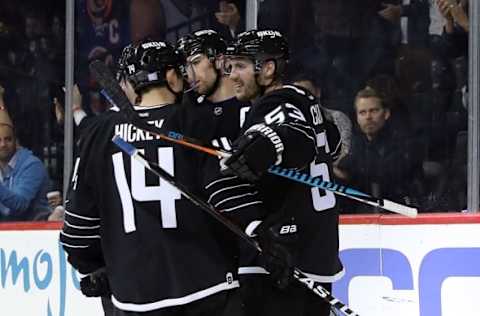 Nov 3, 2016; Brooklyn, NY, USA; New York Islanders center John Tavares (91) celebrates his goal with teammates during the second period against Philadelphia Flyers at Barclays Center. Mandatory Credit: Anthony Gruppuso-USA TODAY Sports