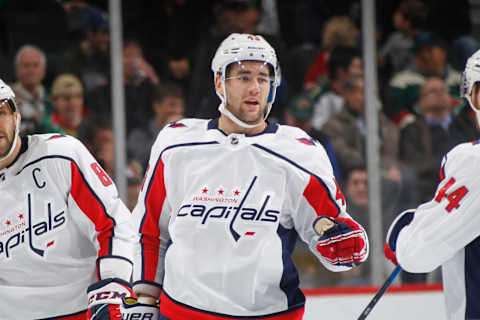 ST. PAUL, MN – FEBRUARY 15: Tom Wilson #43 of the Washington Capitals celebrates after scoring a goal during the game at the Xcel Energy Center on February 15, 2018 in St. Paul, Minnesota. (Photo by Bruce Kluckhohn/NHLI via Getty Images)