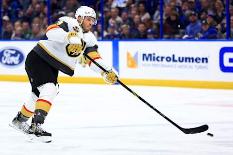 Brayden McNabb for the Vegas Golden Knights. (Photo by Mike Ehrmann/Getty Images)