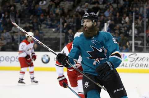 SAN JOSE, CA – DECEMBER 07: Brent Burns #88 of the San Jose Sharks reacts after scoring a goal against the Carolina Hurricanes at SAP Center on December 7, 2017, in San Jose, California. (Photo by Ezra Shaw/Getty Images)