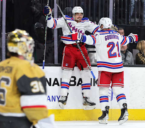 Chytil jumps to space after scoring the Rangers 3rd in Vegas