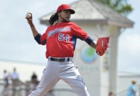 Mar 13, 2015; Bradenton, FL, USA; Minnesota Twins starting pitcher Ervin Santana (54) pitches during the first inning against the Pittsburgh Pirates at McKechnie Field. Mandatory Credit: Tommy Gilligan-USA TODAY Sports