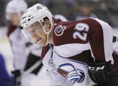 Nov 17, 2015; Toronto, Ontario, CAN; Colorado Avalanche forward Nathan MacKinnon (29) prepares for a face-off against the Toronto Maple Leafs at the Air Canada Centre. The Maple Leafs won 5-1. Mandatory Credit: John E. Sokolowski-USA TODAY Sports