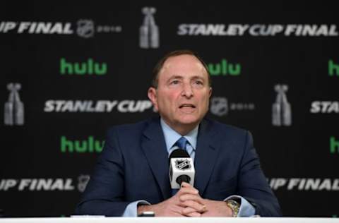 LAS VEGAS, NV: NHL commissioner Gary Bettman speaks to the media prior to Game One of the 2018 NHL Stanley Cup Final on May 28, 2018. (Photo by Harry How/Getty Images)