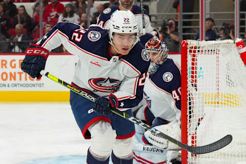 Oct 12, 2022; Raleigh, North Carolina, USA; Columbus Blue Jackets defenseman Jake Bean (22) skates against the Carolina Hurricanes during the first period at PNC Arena. Mandatory Credit: James Guillory-USA TODAY Sports