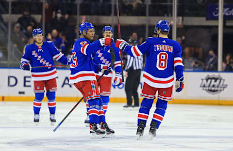 Jan 22, 2022; New York, New York, USA; New York Rangers defenseman Jacob Trouba (8) celebrates his goal against the Arizona Coyotes during the first period at Madison Square Garden. Mandatory Credit: Danny Wild-USA TODAY Sports