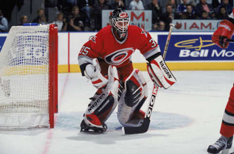 27 Nov 2001: Goaltender Tom Barrasso #35 of the Carolina Huricanes guards the net during the NHL game against the Toronto Malple Leafs at the Air Canada Centre in Toronto, Canada. The Hurricanes defeated the Maple Leafs 5-2. Mandatory Copyright Notice: 2001 NHLI Mandatory Credit: Dave Sandford/Getty Images/NHLI