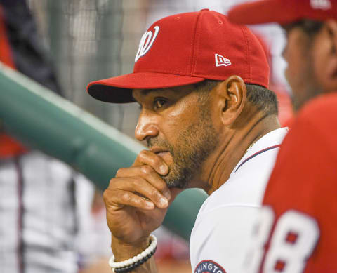 WASHINGTON, DC – SEPTEMBER 5: Washington Nationals manager Dave Martinez (4) looks on from the dugout during action against the St. Louis Cardinals at Nationals Park. (Photo by Jonathan Newton / The Washington Post via Getty Images)