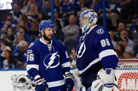 NHL Power Rankings: Tampa Bay Lightning right wing Nikita Kucherov (86) talks with goalie Andrei Vasilevskiy (88) against the Nashville Predators during the second period at Amalie Arena. Mandatory Credit: Kim Klement-USA TODAY Sports