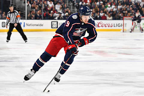 COLUMBUS, OH – APRIL 23: Artemi Panarin #9 of the Columbus Blue Jackets skates against the Washington Capitals in Game Six of the Eastern Conference First Round during the 2018 NHL Stanley Cup Playoffs on April 23, 2018 at Nationwide Arena in Columbus, Ohio. (Photo by Jamie Sabau/NHLI via Getty Images) *** Local Caption *** Artemi Panarin