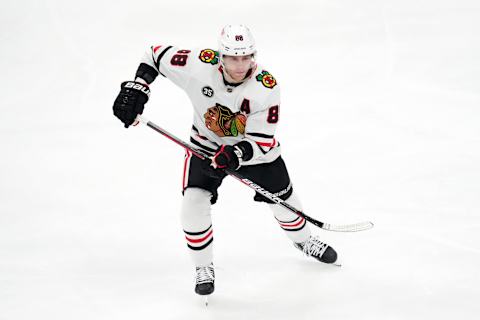 Apr 20, 2022; Glendale, Arizona, USA; Chicago Blackhawks right wing Patrick Kane (88) skates against the Arizona Coyotes during the third period at Gila River Arena. Mandatory Credit: Joe Camporeale-USA TODAY Sports