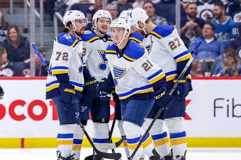 WINNIPEG, MB – DECEMBER 27: Justin Faulk #72, Robert Thomas #18, Tyler Bozak #21, Alexander Steen #20 and Alex Pietrangelo #27 of the St. Louis Blues celebrate a third period goal against the Winnipeg Jets at the Bell MTS Place on December 27, 2019 in Winnipeg, Manitoba, Canada. (Photo by Darcy Finley/NHLI via Getty Images)