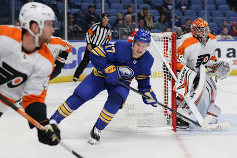 BUFFALO, NEW YORK – SEPTEMBER 27: Brandon Biro #17 of the Buffalo Sabres skates during the first period against the Philadelphia Flyers at KeyBank Center on September 27, 2022 in Buffalo, New York. (Photo by Joshua Bessex/Getty Images)