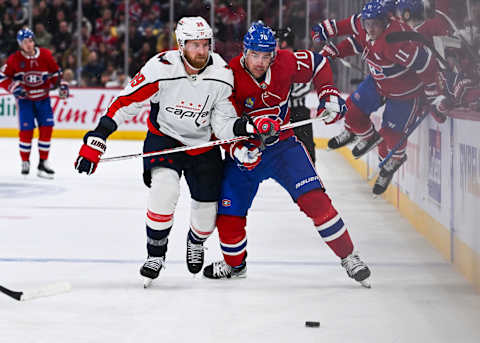 Oct 21, 2023; Montreal, Quebec, CAN; Montreal Canadiens against Anthony Mantha. Mandatory Credit: David Kirouac-USA TODAY Sports