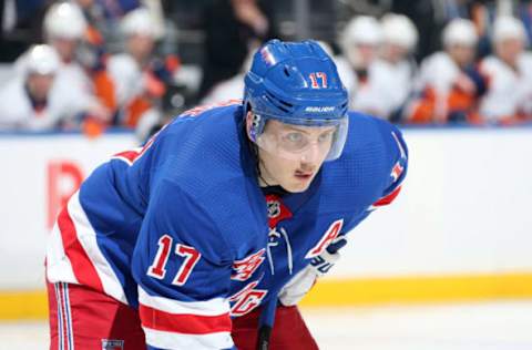 NEW YORK, NY – NOVEMBER 21: Jesper Fast #17 of the New York Rangers looks on against the New York Islanders at Madison Square Garden on November 21, 2018 in New York City. The New York Rangers won 5-0. (Photo by Jared Silber/NHLI via Getty Images)