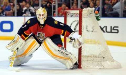 Jan 23, 2016; Sunrise, FL, USA; Florida Panthers goalie Roberto Luongo (1) prepares for a shot in the first period against the Tampa Bay Lightning at BB&T Center. Mandatory Credit: Robert Duyos-USA TODAY Sports