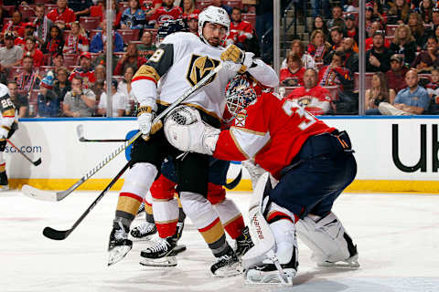 SUNRISE, FL – FEBRUARY 2: Alex Tuch #89 of the Vegas Golden Knights collides with Goaltender James Reimer #34 of the Florida Panthers at the BB&T Center on February 2, 2019 in Sunrise, Florida. (Photo by Eliot J. Schechter/NHLI via Getty Images)