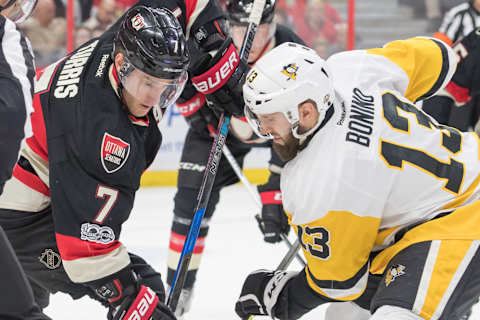 Mar 23, 2017; Ottawa, Ontario, CAN; Ottawa Senators center Kyle Turris (7) faces off against Pittsburgh Penguins center Nick Bonino (13) in the first period at Canadian Tire Centre. Mandatory Credit: Marc DesRosiers-USA TODAY Sports