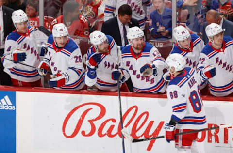 SUNRISE, FL – MARCH 25: Teammates congratulate Patrick Kane #88 of the New York Rangers after he scored a third-period goal against the Florida Panthers at the FLA Live Arena on March 25, 2023, in Sunrise, Florida. (Photo by Joel Auerbach/Getty Images)