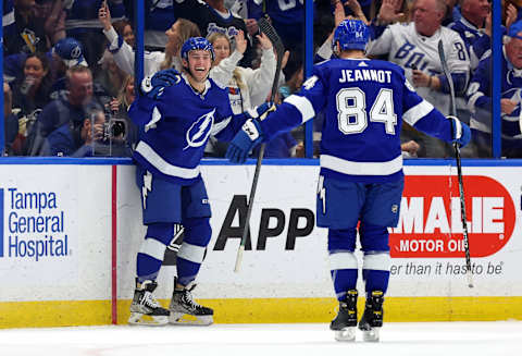 TAMPA, FLORIDA – MARCH 02: Ross Colton #79 of the Tampa Bay Lightning celebrates a goal in the first period during a game against the Pittsburgh Penguins at Amalie Arena on March 02, 2023 in Tampa, Florida. (Photo by Mike Ehrmann/Getty Images)