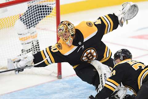 BOSTON, MA – NOVEMBER 21: Tuukka Rask #40 of the Boston Bruins reaches to catch the puck against the Buffalo Sabres at the TD Garden on November 21, 2019 in Boston, Massachusetts. (Photo by Steve Babineau/NHLI via Getty Images)